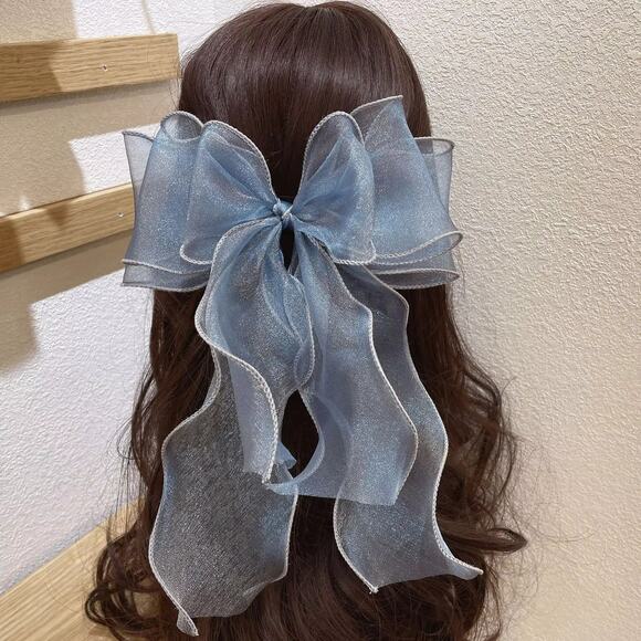 Blue Shiny Chiffon Hair Bow Clips Imported from Korea - Picture 1 of 2